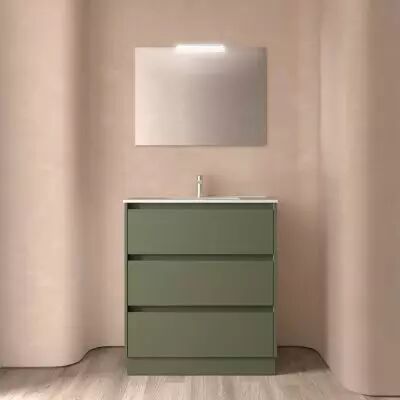 Ensemble COMPLET NOJA 81cm Vert satin� meuble 3 tiroirs + vasque + miroir + Led - SALGAR R�f. 105632