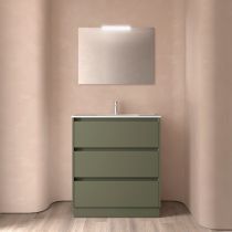 Ensemble COMPLET NOJA 81cm Vert satiné meuble 3 tiroirs + vasque + miroir + Led - SALGAR Réf. 105632
