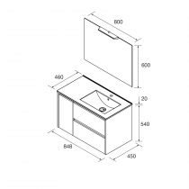 Ensemble COMPLET NOJA 86cm Blanc brillant meuble 2 tiroirs/1 porte à gauche + vasque + miroir + Led - SALGAR Réf. 105408