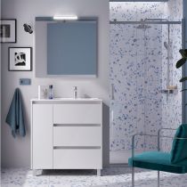 Ensemble COMPLET NOJA 86cm Blanc brillant meuble 3 tiroirs/1porte + vasque à droite + miroir + Led - SALGAR Réf. 105646