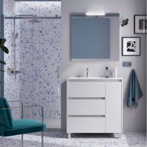 Ensemble COMPLET NOJA 86cm Blanc brillant meuble 3 tiroirs/1porte + vasque à gauche + miroir + Led - SALGAR Réf. 105637