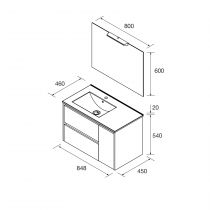 Ensemble COMPLET NOJA 86cm Blanc satiné meuble 2 tiroirs/1 porte à droite + vasque + miroir + Led - SALGAR Réf. 105400