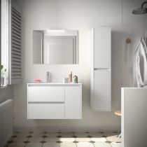 Ensemble COMPLET NOJA 86cm Blanc satiné meuble 2 tiroirs/1 porte à droite + vasque + miroir + Led - SALGAR Réf. 105400