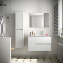 Ensemble COMPLET NOJA 86cm Blanc satiné meuble 2 tiroirs/1 porte à gauche + vasque + miroir + Led - SALGAR Réf. 105409