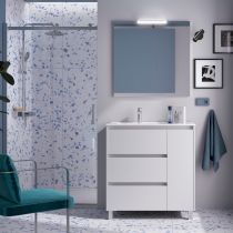 Ensemble COMPLET NOJA 86cm Blanc satiné meuble 3 tiroirs/1porte + vasque à gauche + miroir + Led - SALGAR Réf. 105638