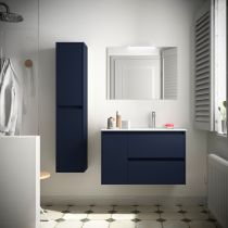 Ensemble COMPLET NOJA 86cm Bleu satiné meuble 2 tiroirs/1 porte à gauche + vasque + miroir + Led - SALGAR Réf. 105411