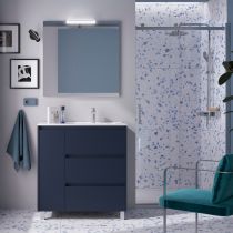 Ensemble COMPLET NOJA 86cm Bleu satiné meuble 3 tiroirs/1porte + vasque à droite + miroir + Led - SALGAR Réf. 105649