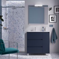 Ensemble COMPLET NOJA 86cm Bleu satiné meuble 3 tiroirs/1porte + vasque à gauche + miroir + Led - SALGAR Réf. 105640