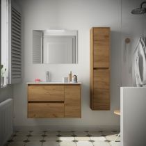 Ensemble COMPLET NOJA 86cm Chêne Africain meuble 2 tiroirs/1 porte à droite + vasque + miroir + Led - SALGAR Réf. 105406