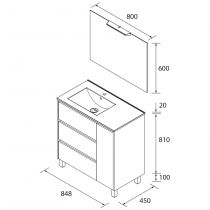 Ensemble COMPLET NOJA 86cm Chêne Africain meuble 3 tiroirs/1porte + vasque à gauche + miroir + Led - SALGAR Réf. 105644