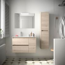 Ensemble COMPLET NOJA 86cm Chêne naturel meuble 2 tiroirs/1 porte à droite + vasque + miroir + Led - SALGAR Réf. 105405