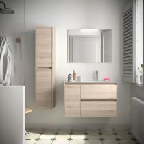 Ensemble COMPLET NOJA 86cm Chêne naturel meuble 2 tiroirs/1 porte à gauche + vasque + miroir + Led - SALGAR Réf. 105414