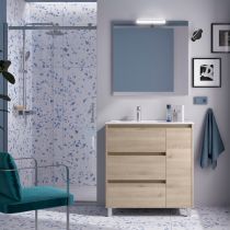 Ensemble COMPLET NOJA 86cm Chêne naturel meuble 3 tiroirs/1porte + vasque à gauche + miroir + Led - SALGAR Réf. 105643