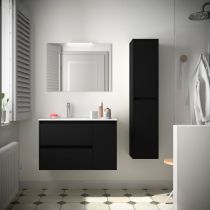 Ensemble COMPLET NOJA 86cm Noir satiné meuble 2 tiroirs/1 porte à droite + vasque + miroir + Led - SALGAR Réf. 105401