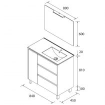 Ensemble COMPLET NOJA 86cm Noir satiné meuble 3 tiroirs/1porte + vasque à droite + miroir + Led - SALGAR Réf. 105648