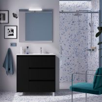 Ensemble COMPLET NOJA 86cm Noir satiné meuble 3 tiroirs/1porte + vasque à droite + miroir + Led - SALGAR Réf. 105648