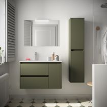 Ensemble COMPLET NOJA 86cm Vert satiné meuble 2 tiroirs/1 porte à droite + vasque + miroir + Led - SALGAR Réf. 105403