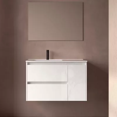 Ensemble COMPLET NOJA 90cm Blanc brillant meuble 2 tiroirs 1 porte + vasque / plan � droite  + miroir + Led - SALGAR R�f. 118345