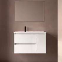 Ensemble COMPLET NOJA 90cm Blanc brillant meuble 2 tiroirs 1 porte + vasque / plan &agrave; droite  + miroir + Led - SALGAR R&eacute;f. 118345