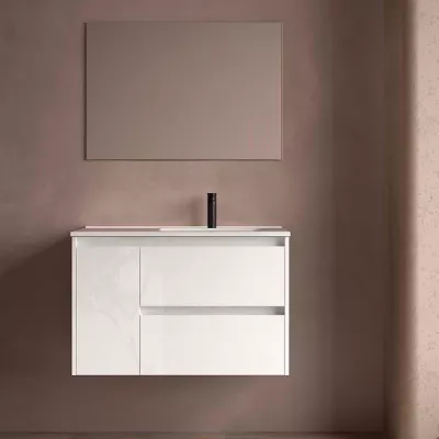 Ensemble COMPLET NOJA 90cm Blanc brillant meuble 2 tiroirs 1 porte + vasque / plan � gauche + miroir + Led - SALGAR R�f. 118355