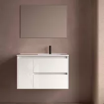Ensemble COMPLET NOJA 90cm Blanc brillant meuble 2 tiroirs 1 porte + vasque / plan &agrave; gauche + miroir + Led - SALGAR R&eacute;f. 118355