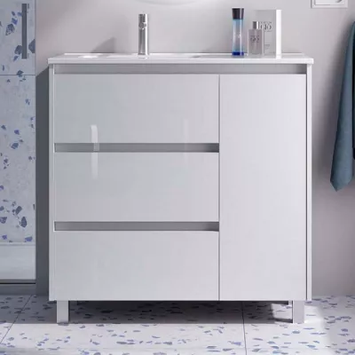Ensemble COMPLET NOJA 90cm Blanc brillant meuble 3 tiroirs 1 porte + vasque / plan � droite + miroir + Led - SALGAR R�f. 118365