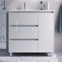 Ensemble COMPLET NOJA 90cm Blanc brillant meuble 3 tiroirs 1 porte + vasque / plan &agrave; droite + miroir + Led - SALGAR R&eacute;f. 118365