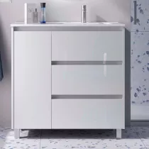 Ensemble COMPLET NOJA 90cm Blanc brillant meuble 3 tiroirs 1 porte + vasque / plan &agrave; gauche + miroir + Led - SALGAR R&eacute;f. 118375