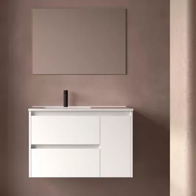 Ensemble COMPLET NOJA 90cm Blanc satin� meuble 2 tiroirs 1 porte + vasque / plan � droite + miroir + Led - SALGAR R�f. 118346