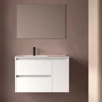 Ensemble COMPLET NOJA 90cm Blanc satin&eacute; meuble 2 tiroirs 1 porte + vasque / plan &agrave; droite + miroir + Led - SALGAR R&eacute;f. 118346