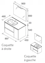 Ensemble COMPLET NOJA 90cm Blanc satin&eacute; meuble 2 tiroirs 1 porte + vasque / plan &agrave; droite + miroir + Led - SALGAR R&eacute;f. 118346