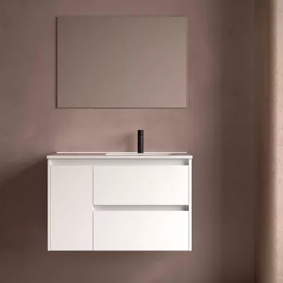 Ensemble COMPLET NOJA 90cm Blanc satin� meuble 2 tiroirs 1 porte + vasque / plan � gauche + miroir + Led - SALGAR R�f. 118356