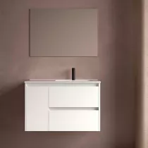 Ensemble COMPLET NOJA 90cm Blanc satin&eacute; meuble 2 tiroirs 1 porte + vasque / plan &agrave; gauche + miroir + Led - SALGAR R&eacute;f. 118356