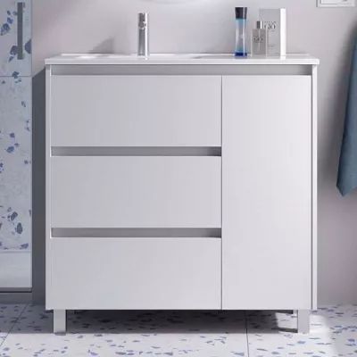 Ensemble COMPLET NOJA 90cm Blanc satin� meuble 3 tiroirs 1 porte + vasque / plan � droite + miroir + Led - SALGAR R�f. 118366