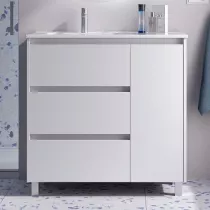 Ensemble COMPLET NOJA 90cm Blanc satin&eacute; meuble 3 tiroirs 1 porte + vasque / plan &agrave; droite + miroir + Led - SALGAR R&eacute;f. 118366