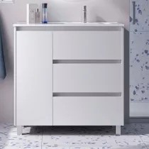 Ensemble COMPLET NOJA 90cm Blanc satin&eacute; meuble 3 tiroirs 1 porte + vasque / plan &agrave; gauche + miroir + Led - SALGAR R&eacute;f. 118376