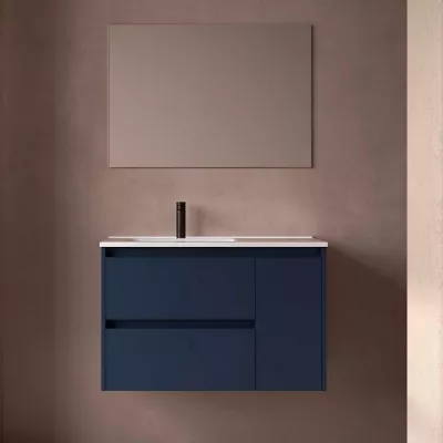 Ensemble COMPLET NOJA 90cm Bleu satin� meuble 2 tiroirs 1 porte + vasque / plan � droite + miroir + Led - SALGAR R�f. 118348