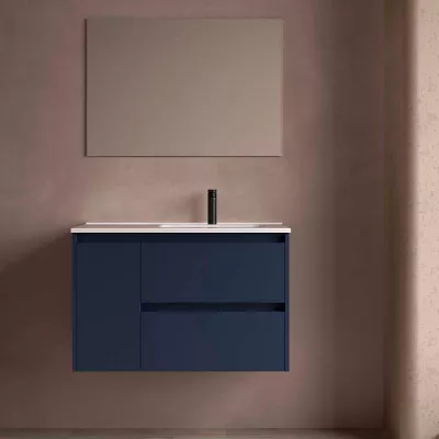 Ensemble COMPLET NOJA 90cm Bleu satin� meuble 2 tiroirs 1 porte + vasque / plan � gauche + miroir + Led - SALGAR R�f. 118358