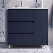Ensemble COMPLET NOJA 90cm Bleu satin&eacute; meuble 3 tiroirs 1 porte + vasque / plan &agrave; droite + miroir + Led - SALGAR R&eacute;f. 118368