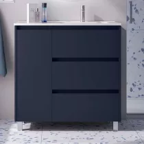 Ensemble COMPLET NOJA 90cm Bleu satin&eacute; meuble 3 tiroirs 1 porte + vasque / plan &agrave; gauche + miroir + Led - SALGAR R&eacute;f. 118378