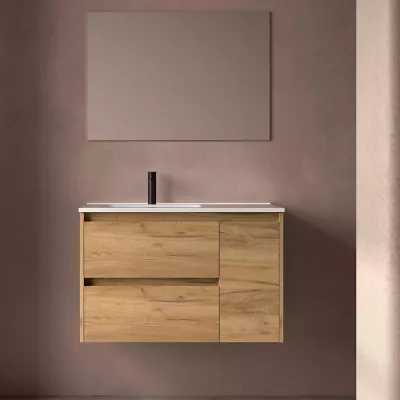 Ensemble COMPLET NOJA 90cm Ch�ne africain meuble 2 tiroirs 1 porte + vasque / plan � droite + miroir + Led - SALGAR R�f. 118352