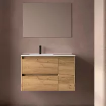 Ensemble COMPLET NOJA 90cm Ch&ecirc;ne africain meuble 2 tiroirs 1 porte + vasque / plan &agrave; droite + miroir + Led - SALGAR R&eacute;f. 118352