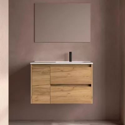Ensemble COMPLET NOJA 90cm Ch�ne africain meuble 2 tiroirs 1 porte + vasque / plan � gauche + miroir + Led - SALGAR R�f. 118362