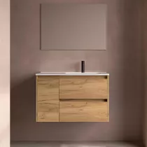 Ensemble COMPLET NOJA 90cm Ch&ecirc;ne africain meuble 2 tiroirs 1 porte + vasque / plan &agrave; gauche + miroir + Led - SALGAR R&eacute;f. 118362