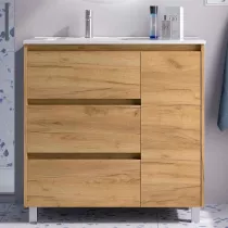 Ensemble COMPLET NOJA 90cm Ch&ecirc;ne africain meuble 3 tiroirs 1 porte + vasque / plan &agrave; droite + miroir + Led -  SALGAR R&eacute;f. 118372