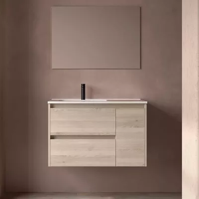 Ensemble COMPLET NOJA 90cm Ch�ne naturel meuble 2 tiroirs 1 porte + vasque / plan � droite + miroir + Led - SALGAR R�f. 118351
