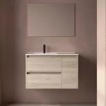 Ensemble COMPLET NOJA 90cm Ch&ecirc;ne naturel meuble 2 tiroirs 1 porte + vasque / plan &agrave; droite + miroir + Led - SALGAR R&eacute;f. 118351