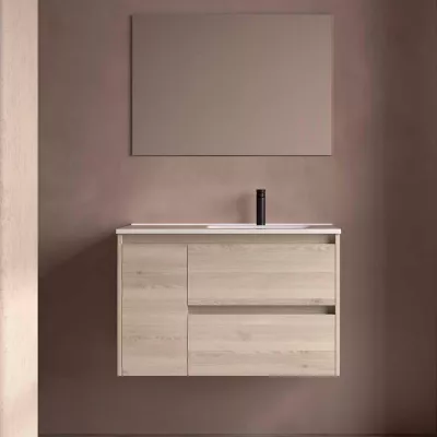 Ensemble COMPLET NOJA 90cm Ch�ne naturel meuble 2 tiroirs 1 porte + vasque / plan � gauche + miroir + Led - SALGAR R�f. 118361