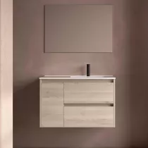 Ensemble COMPLET NOJA 90cm Ch&ecirc;ne naturel meuble 2 tiroirs 1 porte + vasque / plan &agrave; gauche + miroir + Led - SALGAR R&eacute;f. 118361