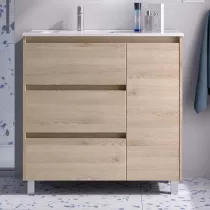 Ensemble COMPLET NOJA 90cm Ch&ecirc;ne naturel meuble 3 tiroirs 1 porte + vasque / plan &agrave; droite + miroir + Led - SALGAR R&eacute;f. 118371